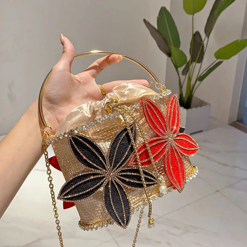 Handmade Floral Rhinestone Bucket Evening Bag