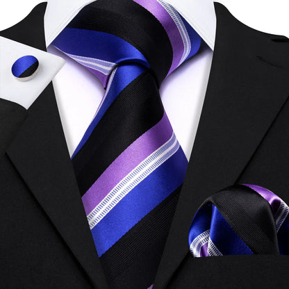 Barry Wang Jacquard Striped Silk Men's Tie Pocket Square Cufflinks Set