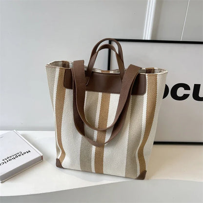 Striped Canvas Shoulder Tote Bag