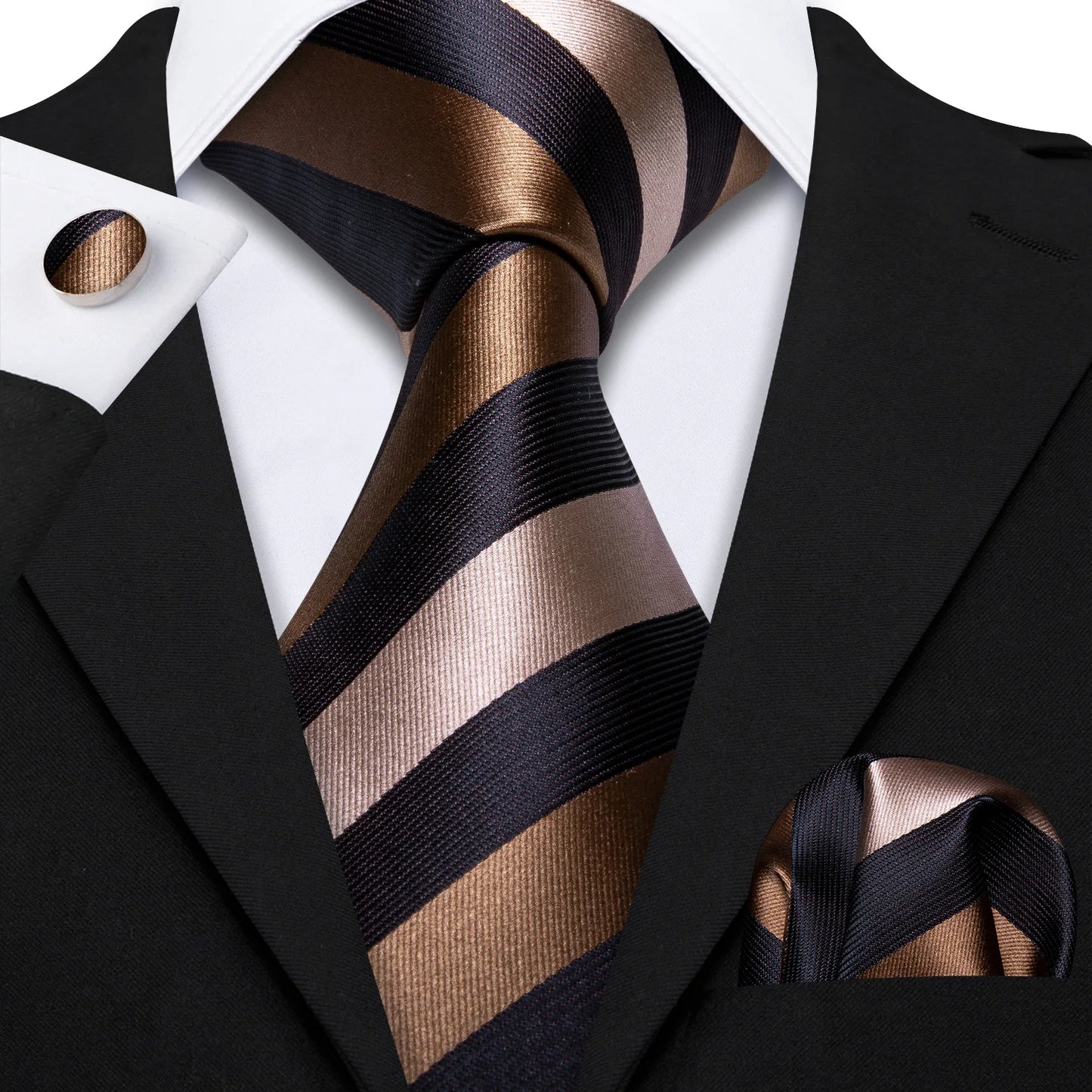 Barry Wang Jacquard Striped Silk Men's Tie Pocket Square Cufflinks Set