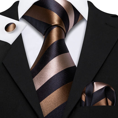 Barry Wang Jacquard Striped Silk Men's Tie Pocket Square Cufflinks Set