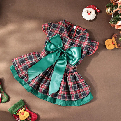 Plaid Christmas Dog Dress with Bow