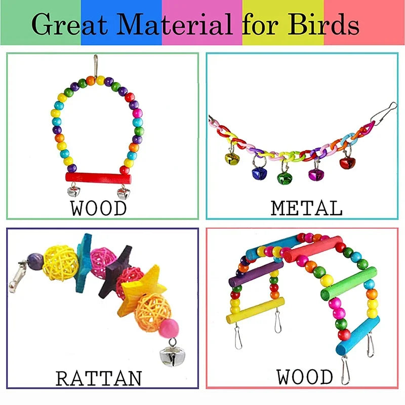 Wooden Parrot Toy Set for Bird Cages