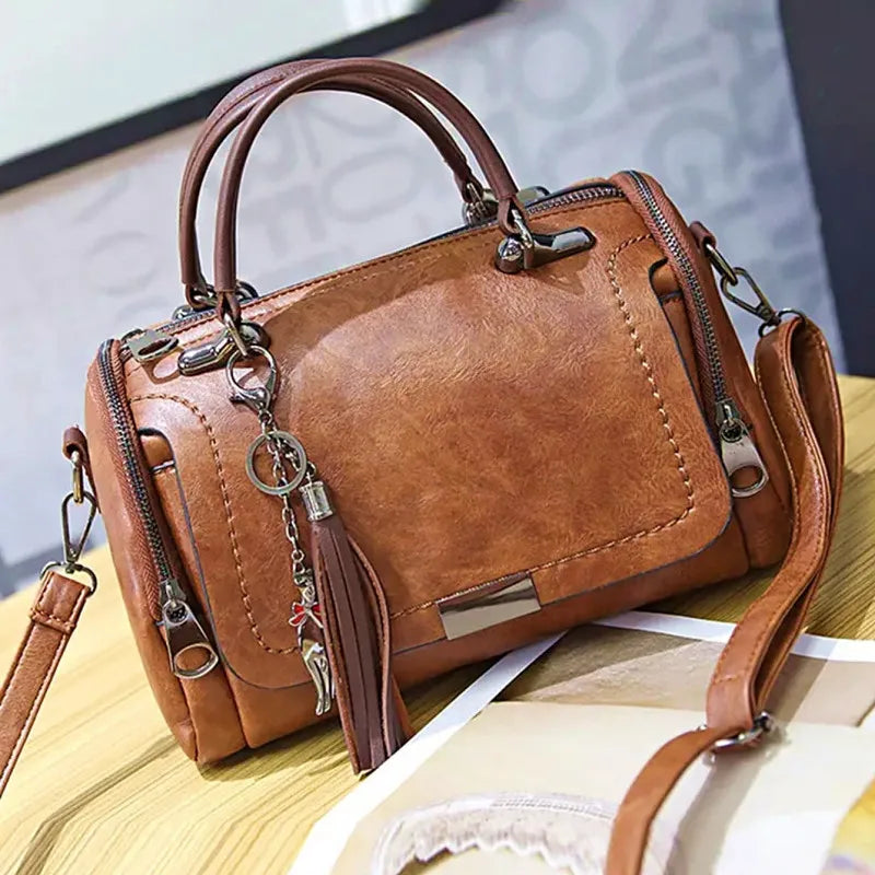 Vintage PU Leather Boston Handbag