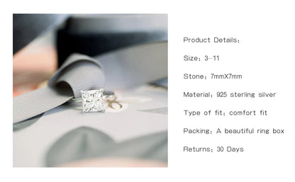 925 Sterling Silver 2CT Square Zircon Engagement Ring