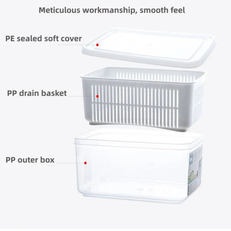 Refrigerator Storage Container with Drain Basket & Lid