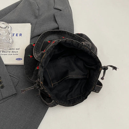 Embroidered Denim Drawstring Shoulder Tote Bag