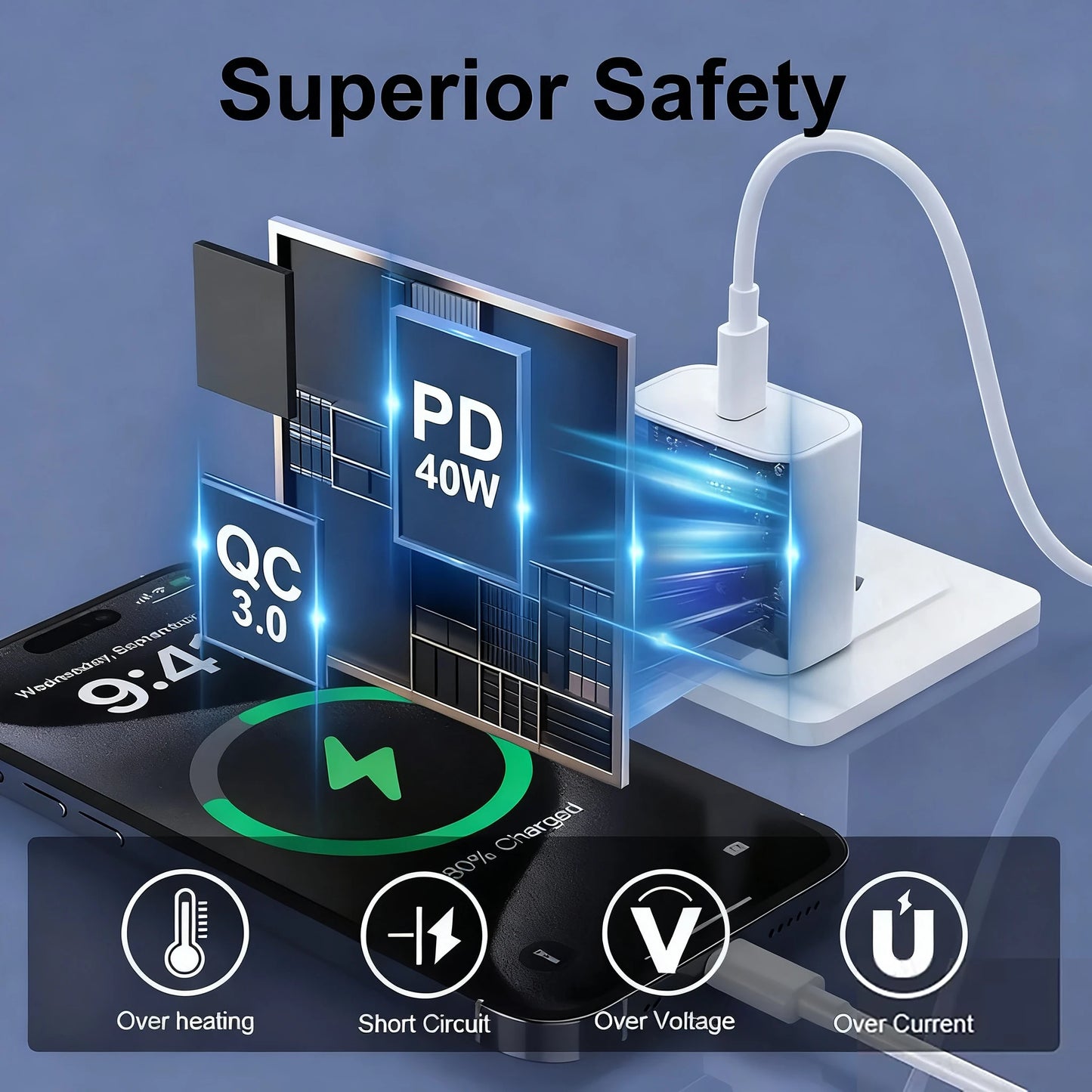40W USB-C PD Fast Charger with USB-C Cable for iPhone