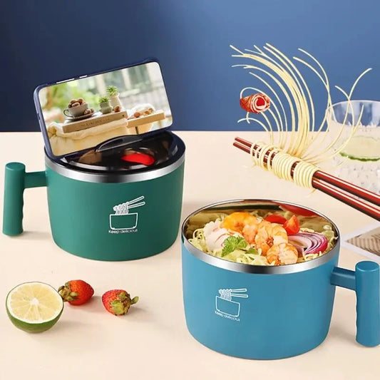 Insulated Stainless Steel Instant Noodle Bowl with Lid & Built-In Strainer