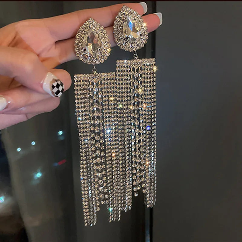Water Drop Crystal Long Tassel Earrings