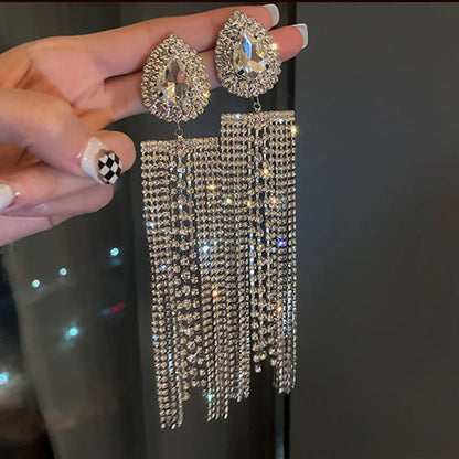 Water Drop Crystal Long Tassel Earrings