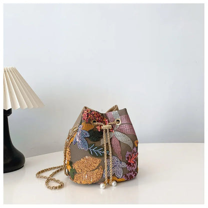 Floral Embroidered Bucket Crossbody Bag