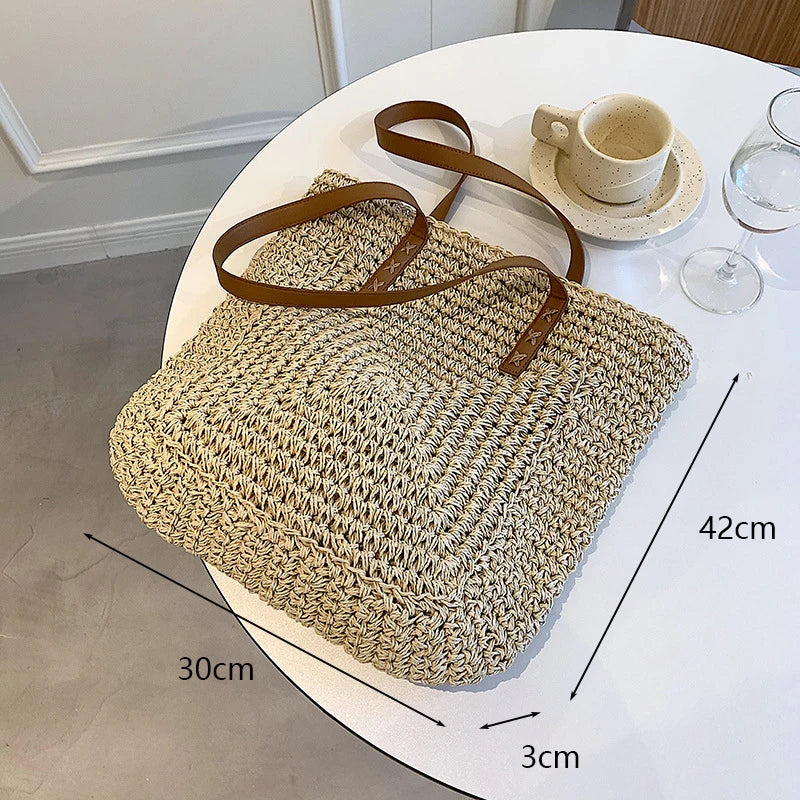 Handmade Woven Straw Beach Tote Bag