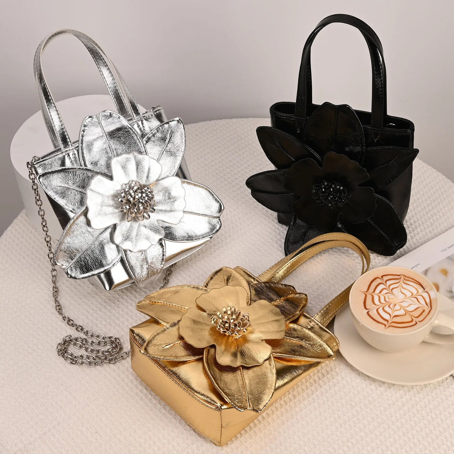3D Floral PU Leather Bucket Handbag