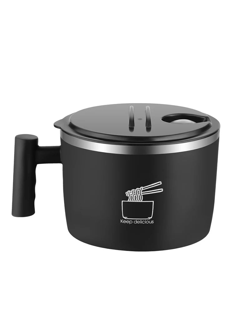 Insulated Stainless Steel Instant Noodle Bowl with Lid & Built-In Strainer