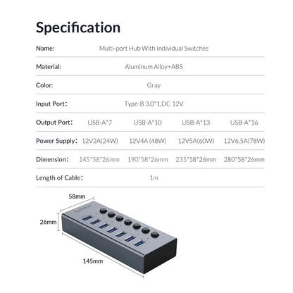 Multi-Port USB 3.0 Data Hub & Power Adapter for PC and Laptop