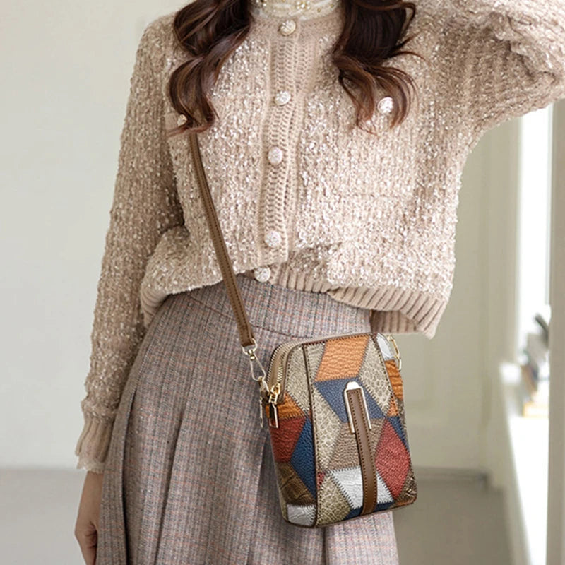Vintage Patchwork Shoulder Bag with Zipper Closure
