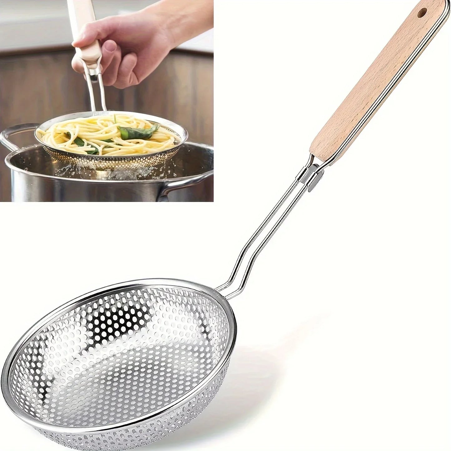 Stainless Steel Fine Mesh Skimmer Spoon with Wooden Handle
