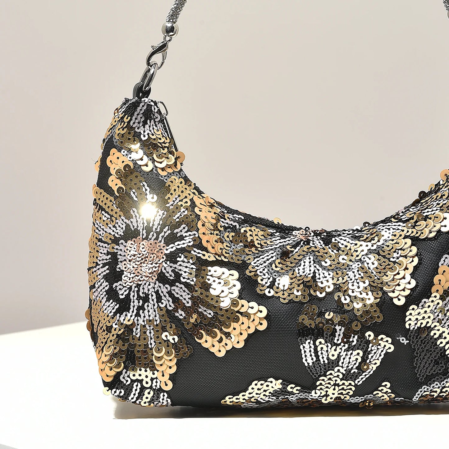 Floral Embroidered Sequin Shoulder Bag