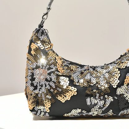 Floral Embroidered Sequin Shoulder Bag