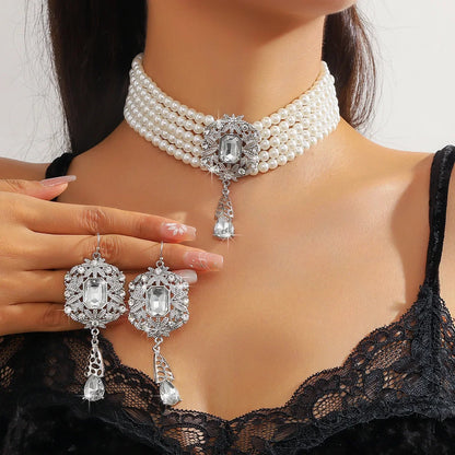 Multilayer Crystal Necklace & Geometric Earring Set
