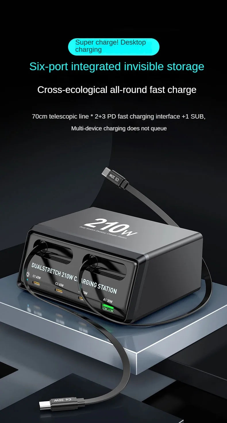6-in-1 210W Retractable Cable Charging Station