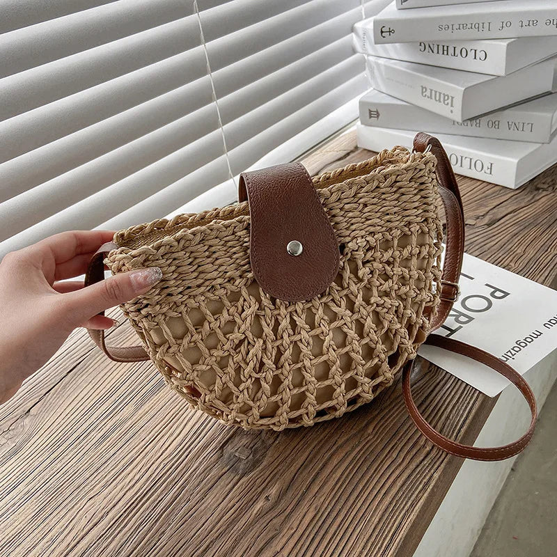 Handmade Half Moon Straw Crossbody Bag