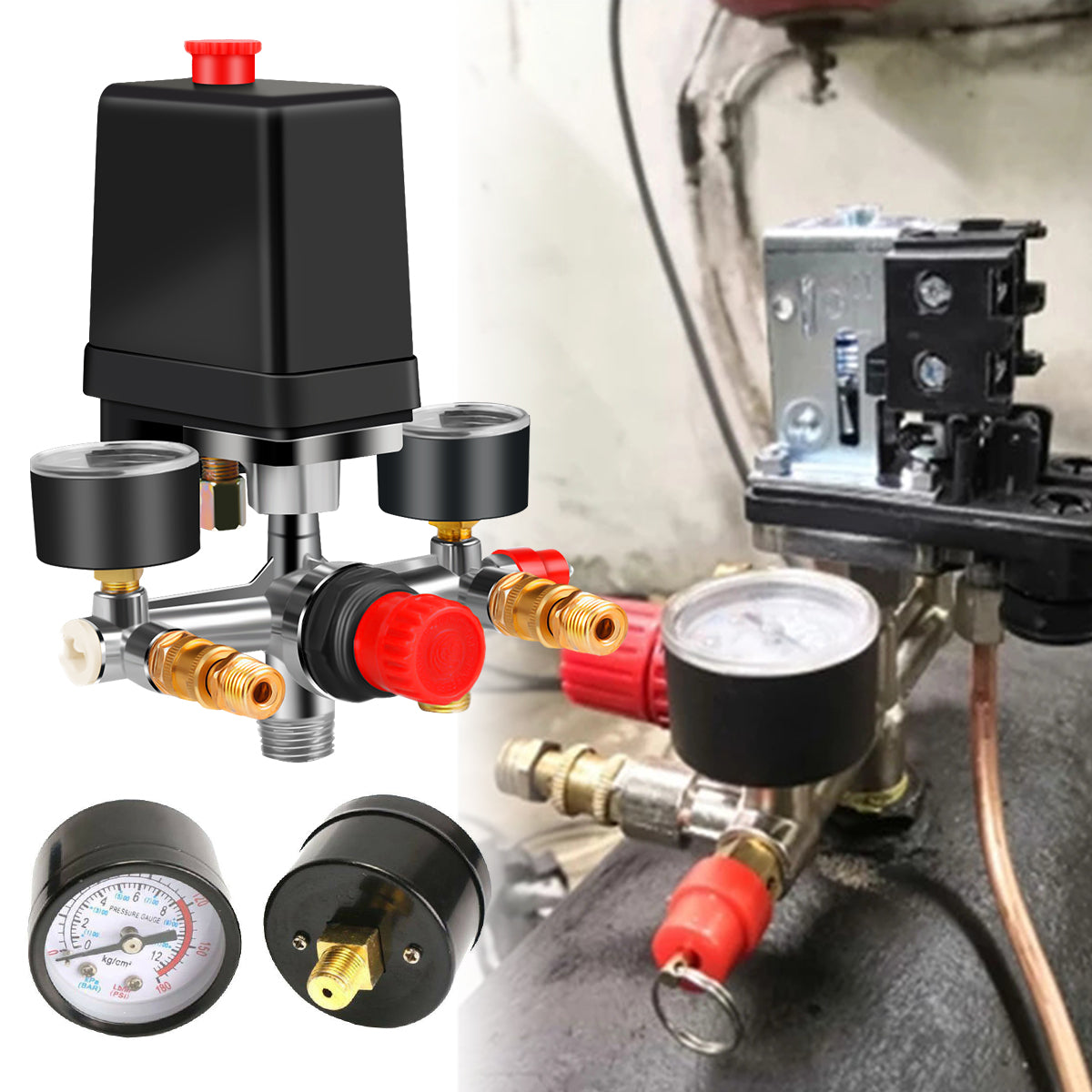 Air Compressor Pressure Switch with Regulator & Gauges