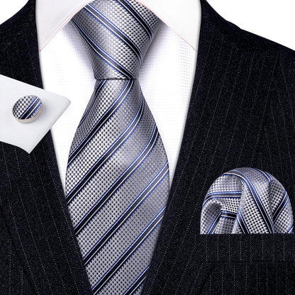 Barry Wang Jacquard Striped Silk Men's Tie Pocket Square Cufflinks Set