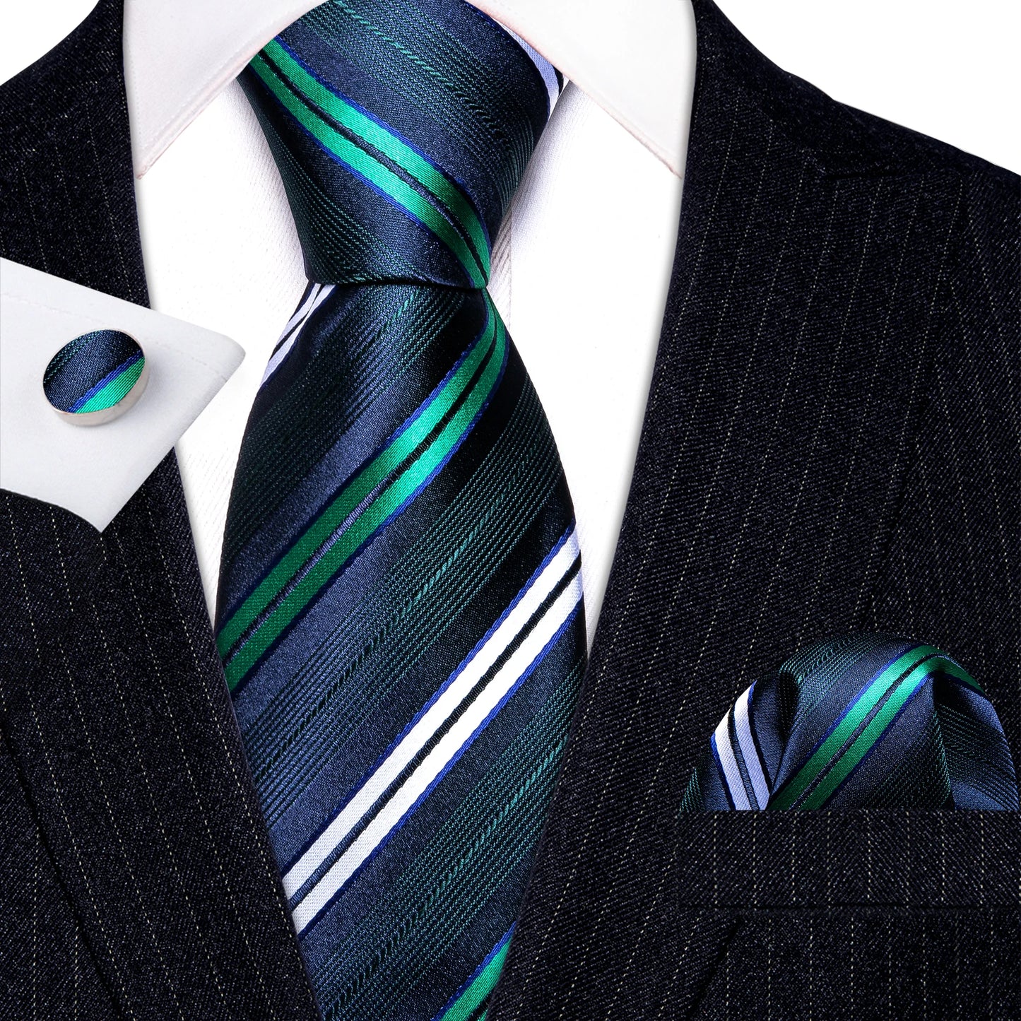 Barry Wang Jacquard Striped Silk Men's Tie Pocket Square Cufflinks Set