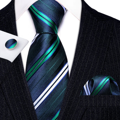 Barry Wang Jacquard Striped Silk Men's Tie Pocket Square Cufflinks Set