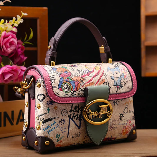 Vintage Graffiti Bear Top Handle Satchel Bag