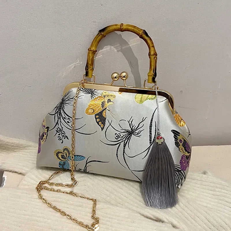 Luxury Embroidered Evening Handbag with Bamboo Handle