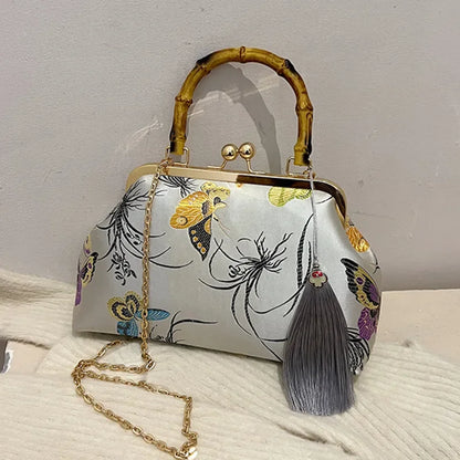 Luxury Embroidered Evening Handbag with Bamboo Handle