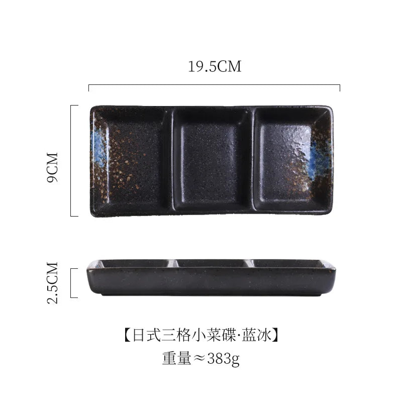 Japanese 3-Compartment Ceramic Sauce & Sushi Dish