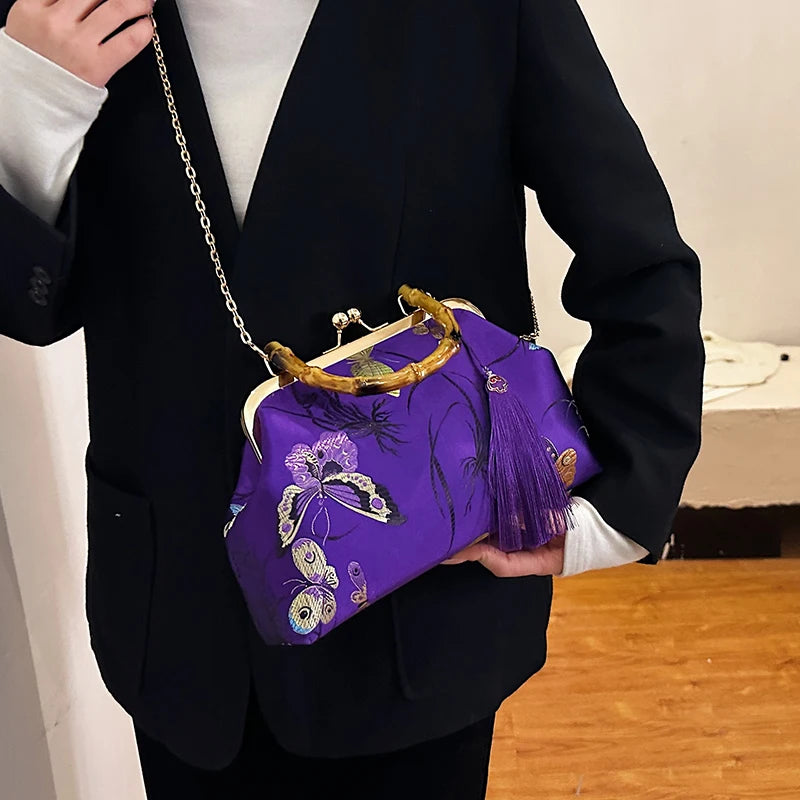 Luxury Embroidered Evening Handbag with Bamboo Handle