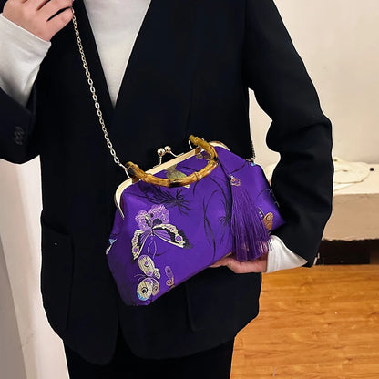 Luxury Embroidered Evening Handbag with Bamboo Handle