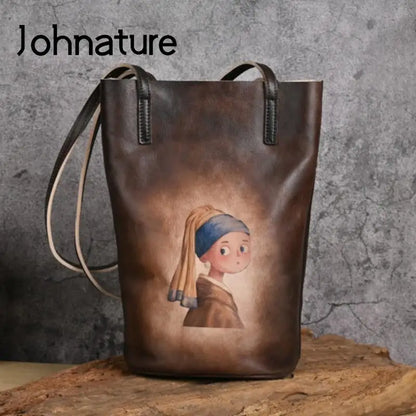 Johnature Genuine Cowhide Leather Shoulder Bag