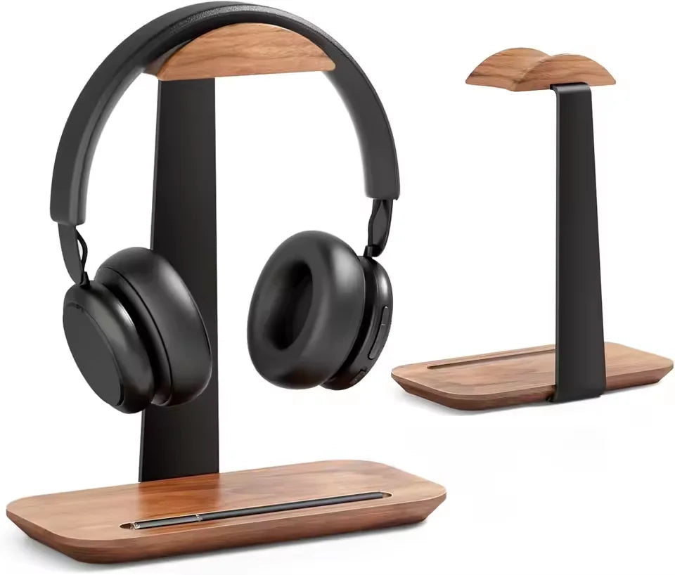 Wood Headphone Stand with Storage Base for Desk