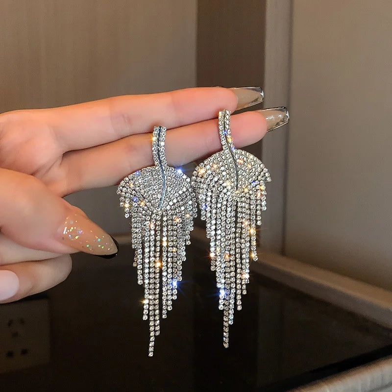 Blue Crystal Long Tassel Drop Earrings