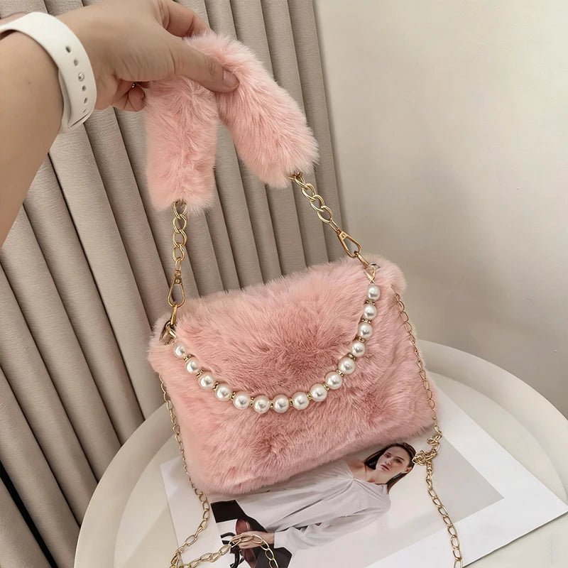 Pearl Chain Plush Shoulder Bag