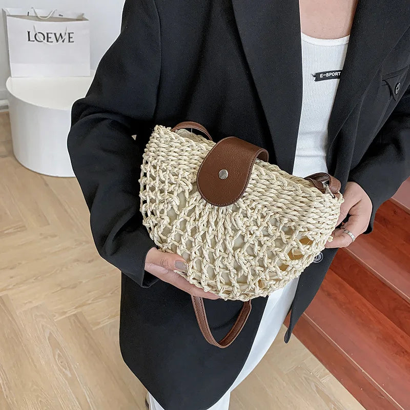 Handmade Half Moon Straw Crossbody Bag
