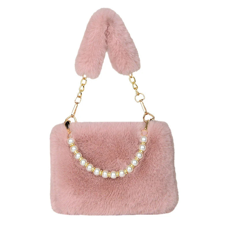 Pearl Chain Plush Shoulder Bag