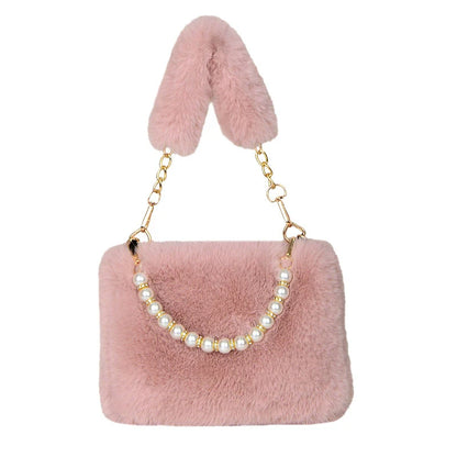 Pearl Chain Plush Shoulder Bag
