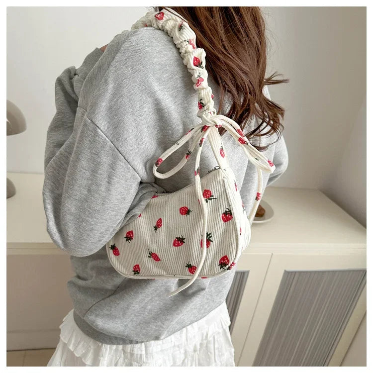 Strawberry Print Corduroy Mini Shoulder Bag