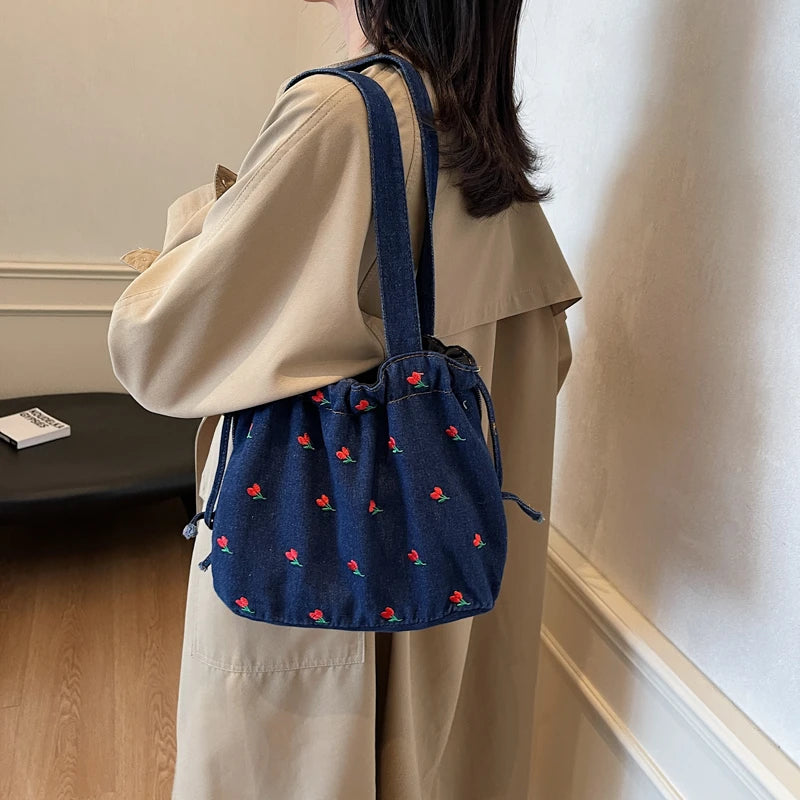 Embroidered Denim Drawstring Shoulder Tote Bag