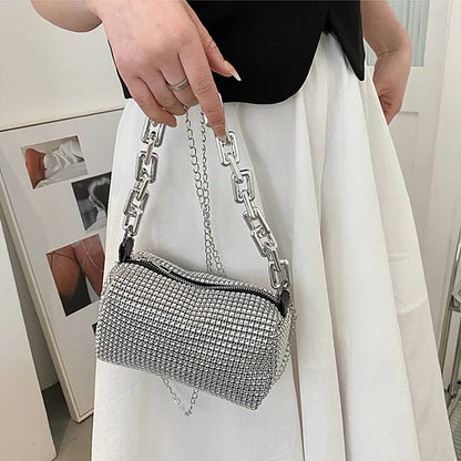Rhinestone Bucket Bag – Glitter Chain Mini Crossbody Purse