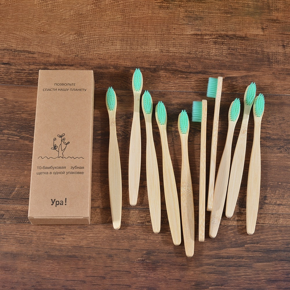 10PCS Natural Bamboo Colourful Toothbrush