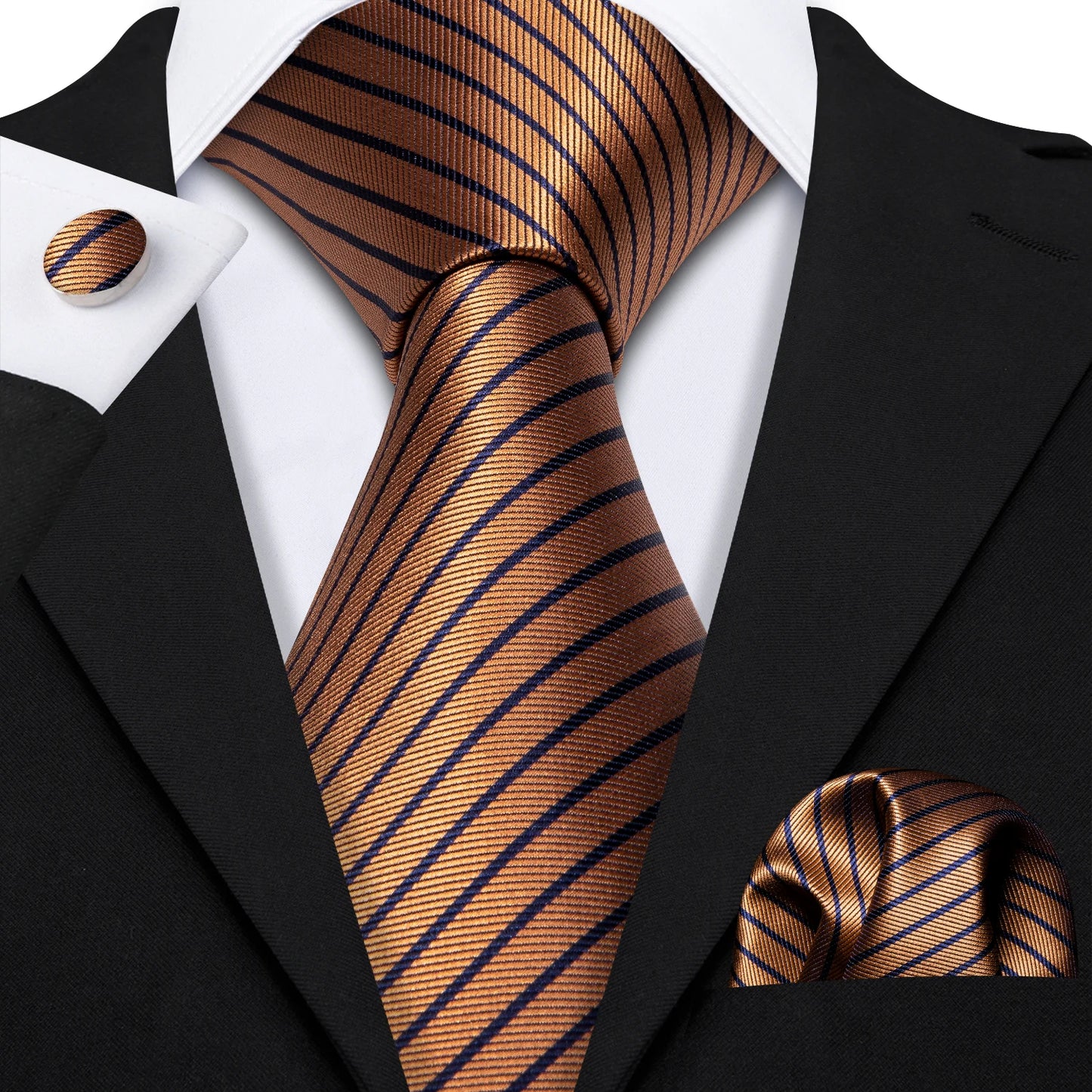 Barry Wang Jacquard Striped Silk Men's Tie Pocket Square Cufflinks Set