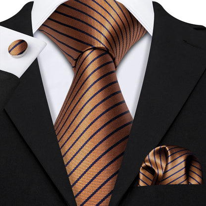 Barry Wang Jacquard Striped Silk Men's Tie Pocket Square Cufflinks Set
